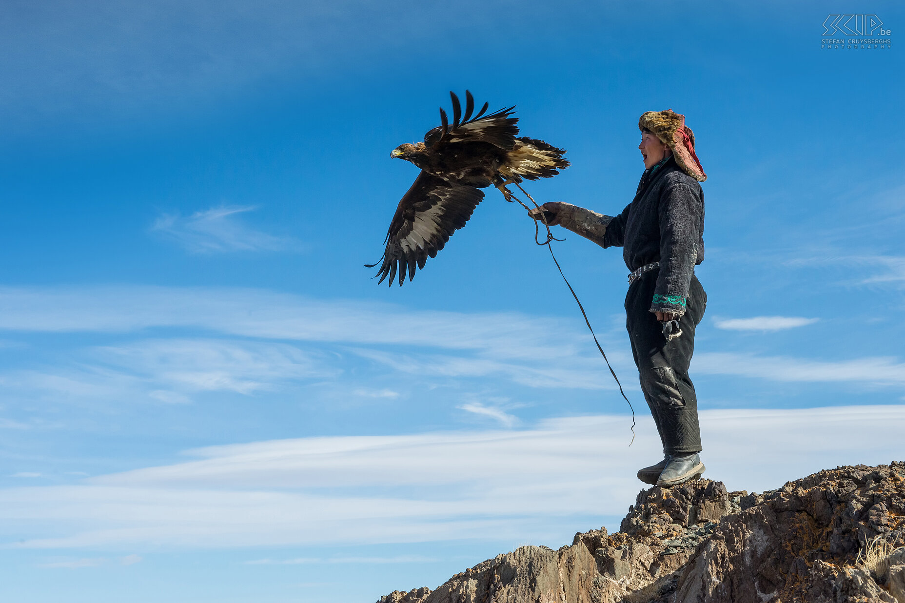 Ulgii - Bazarbai releases his eagle The young Kazakh eagle hunter Bazarbai releases his golden eagle from a hill top in the Altai Mountains Stefan Cruysberghs